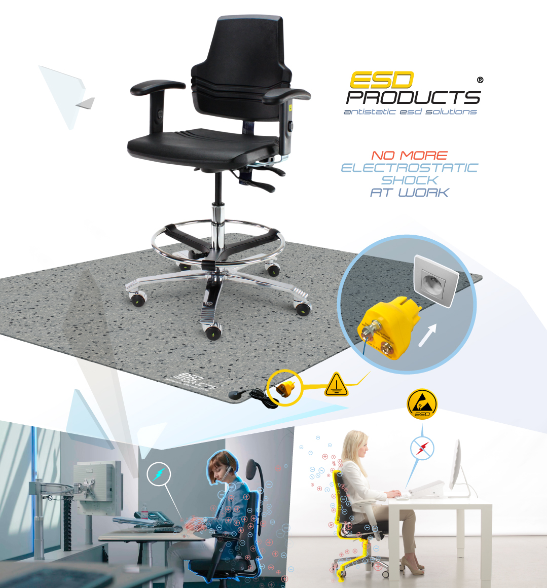 Static Free Office Solution ESD Chair Black With Armrests Electrically Conductive Flooring Tile With